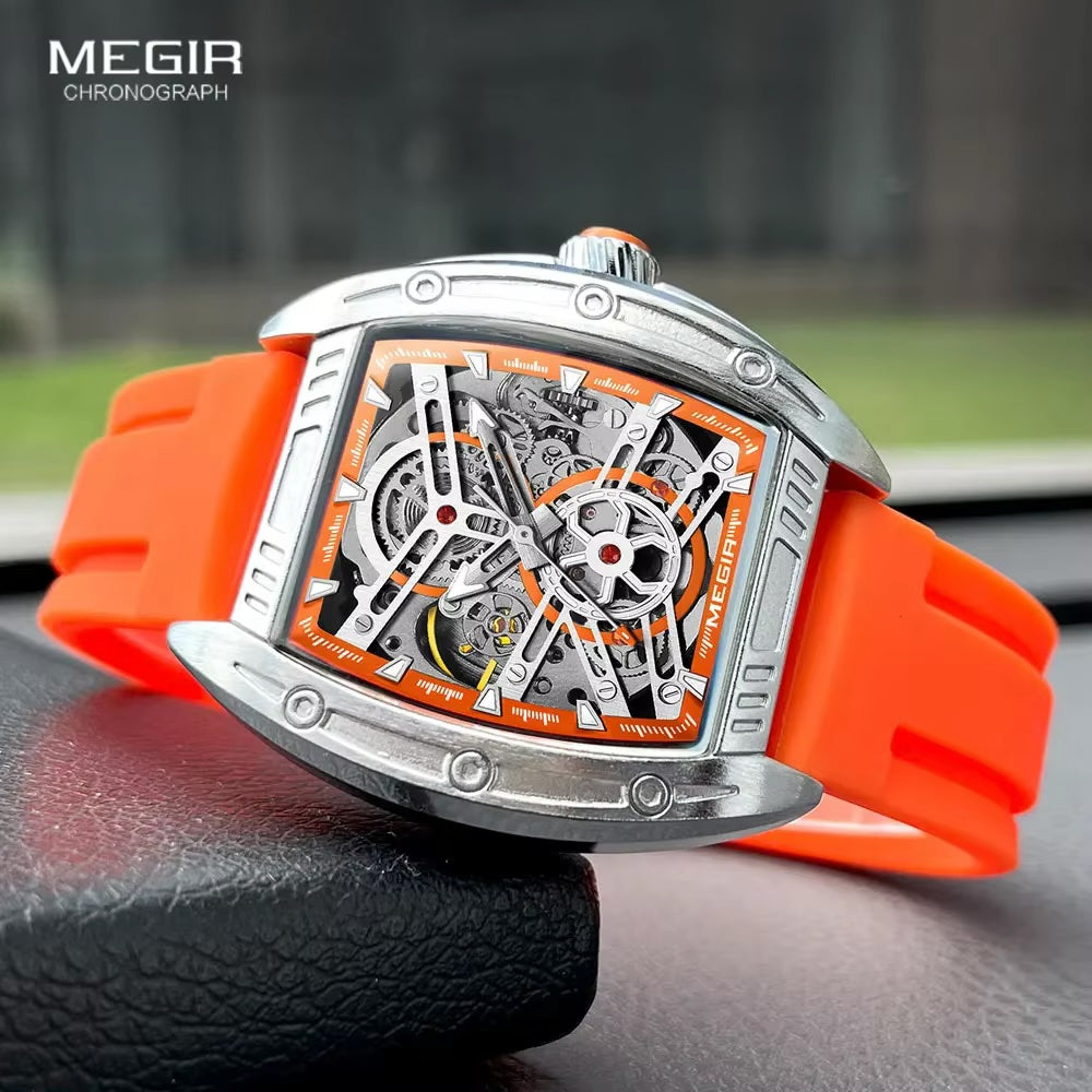 MEGIR Men's Aircraft Hollow Automatic Mechanical 44mm Silicone Strap Watch Orange