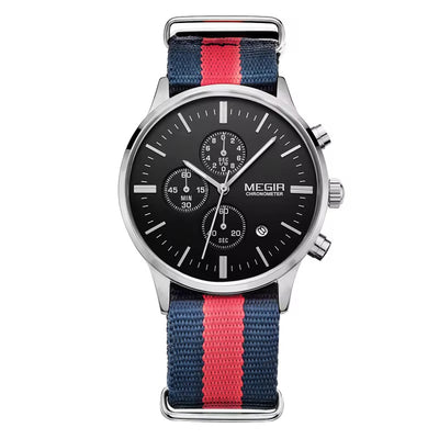 MEGIR Men's Nautical Series Chronograph Date 45mm Nylon Strap Watch Silver / Blue Red