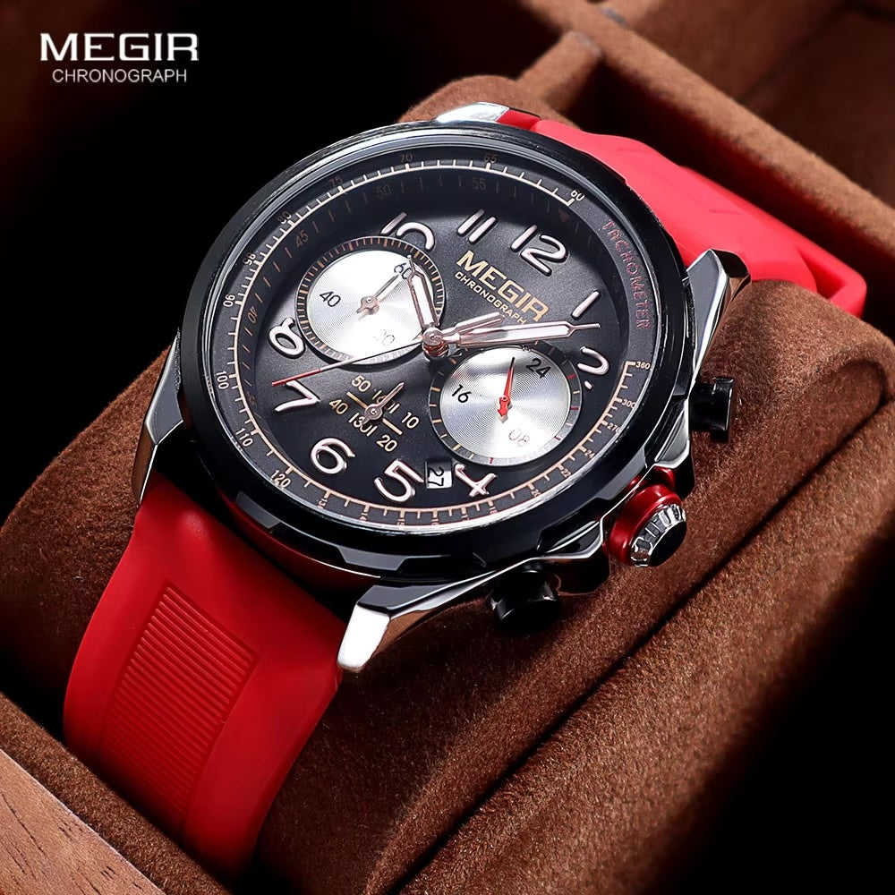 MEGIR Men's Pilot Q Chronograph Date 43mm Silicone Strap Watch Red