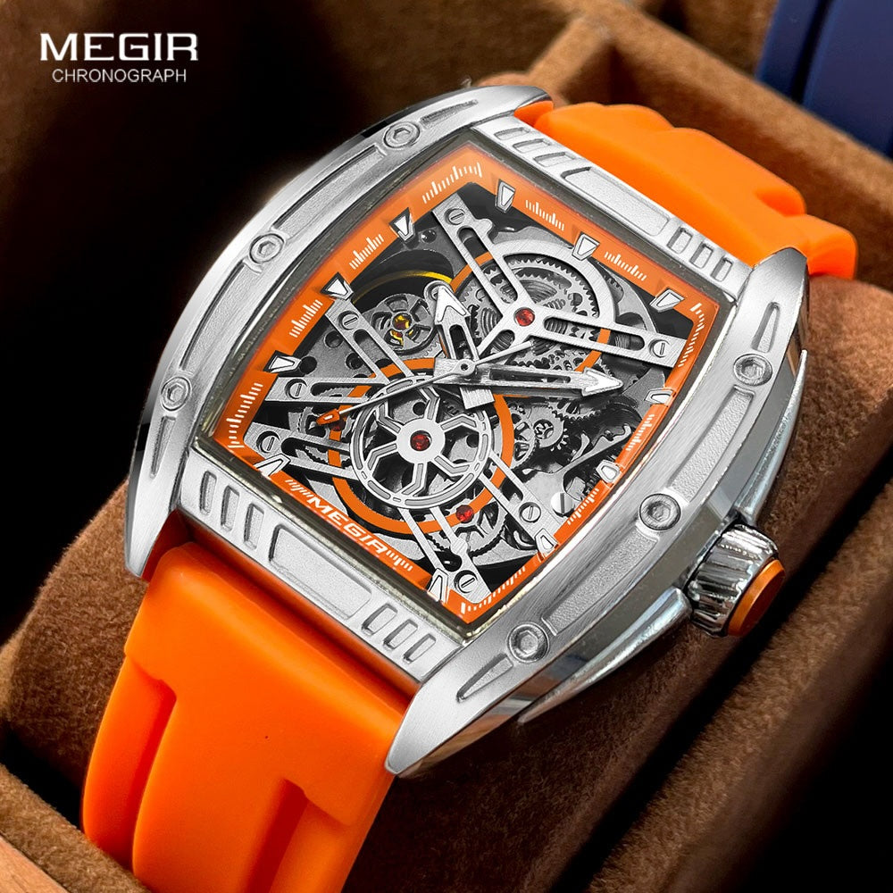 MEGIR Men's Aircraft Hollow Automatic Mechanical 44mm Silicone Strap Watch Orange