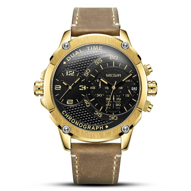 MEGIR Men's Giant Chronograph Dual Time 48mm Gold / Brown Leather Watch