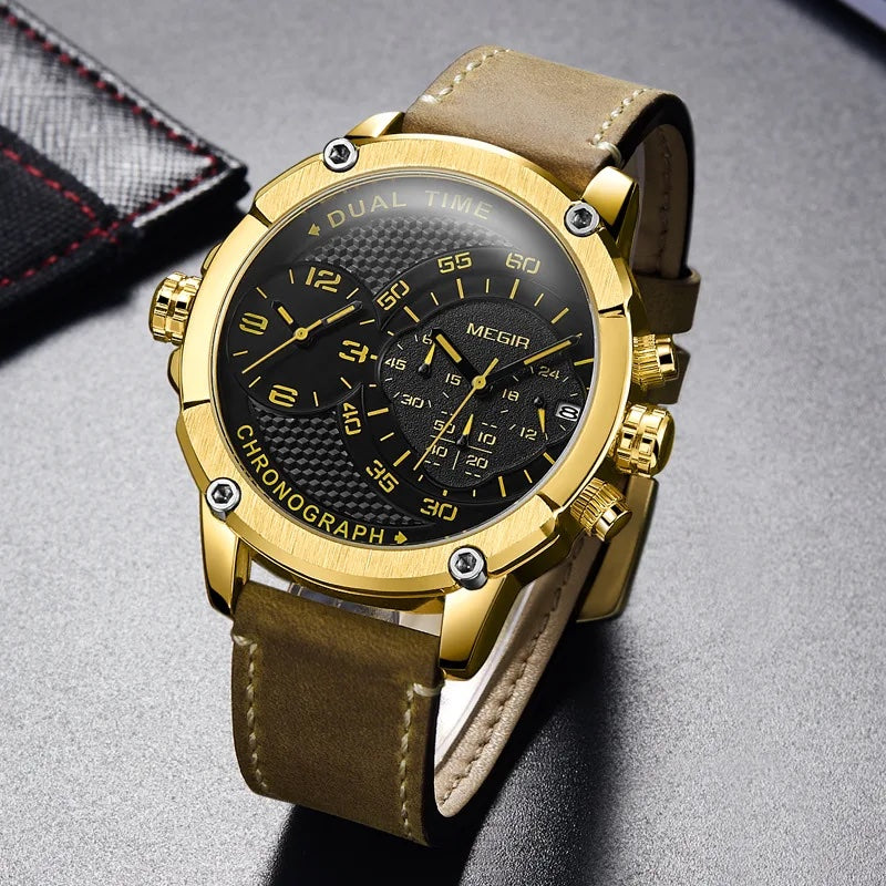 MEGIR Men's Giant Chronograph Dual Time 48mm Gold / Brown Leather Watch