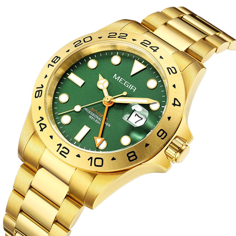 MEGIR ELITE Men's GMT Date 43mm Stainless Steel Gold / Green Oyster Bracelet Watch