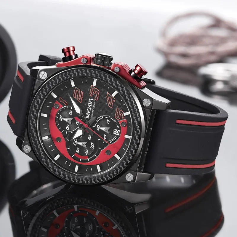 MEGIR Men's Racer Chronograph Date 45mm Black / Red / Red Silicone Strap Watch