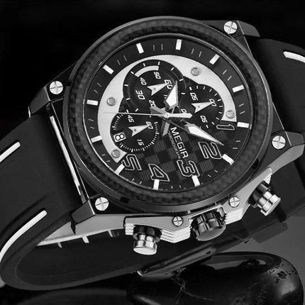 MEGIR Men's Racer Chronograph Date 45mm Black / Silver / Black Silicone Strap Watch