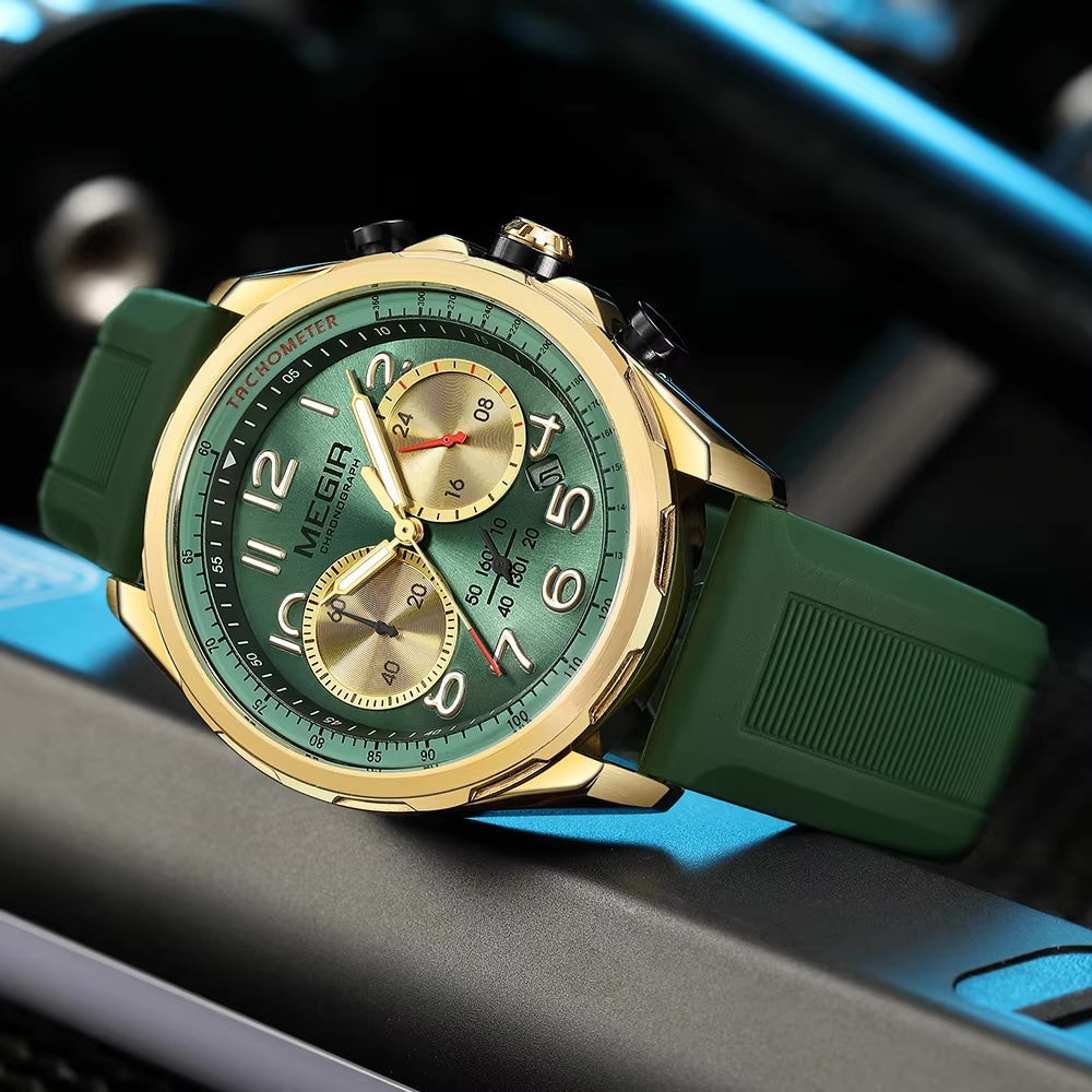 MEGIR Men's Pilot Q Chronograph Date 43mm Silicone Strap Watch Olive Green