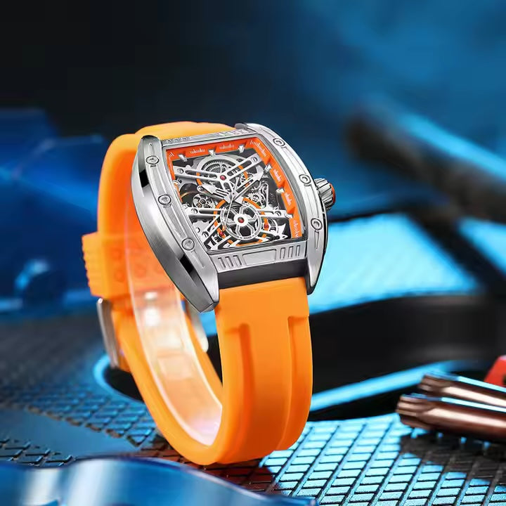 MEGIR Men's Aircraft Hollow Automatic Mechanical 44mm Silicone Strap Watch Orange