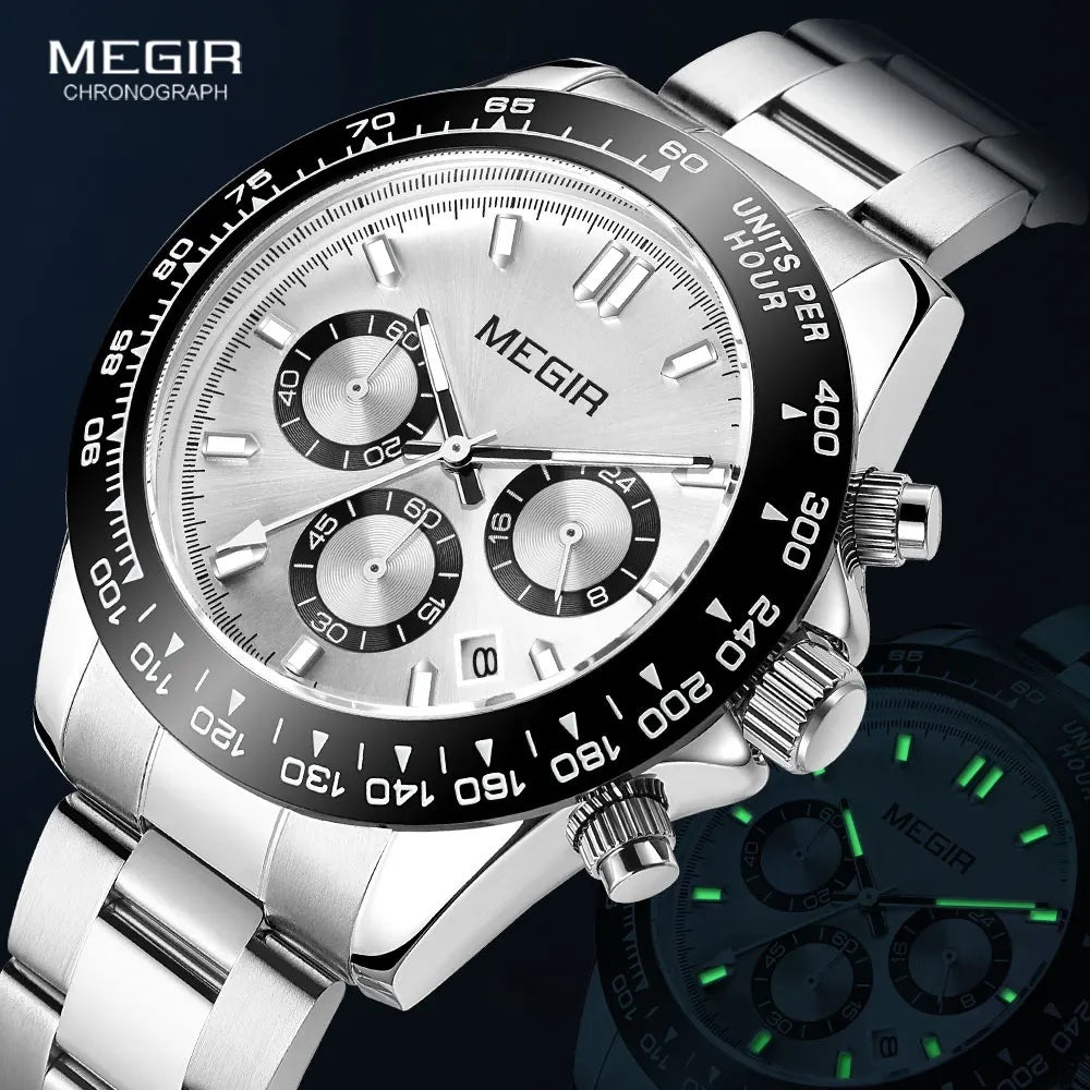 MEGIR Men's Speedster Chronograph Date 43mm Stainless Steel Silver Oyster Bracelet Watch