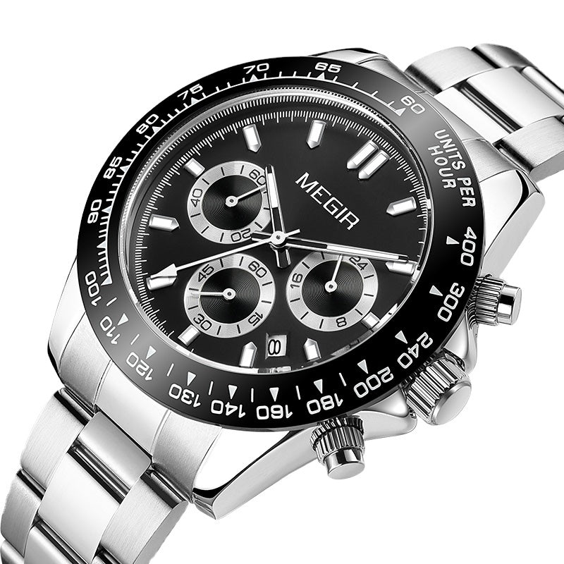 MEGIR Men's Speedster Chronograph Date 43mm Stainless Steel Silver / Black Oyster Bracelet Watch