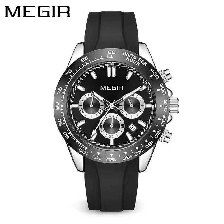 MEGIR Men's Speedster Chronograph Date 43mm Silicone Watch Silver / Black Oyster