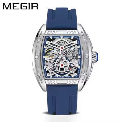 MEGIR Men's Aircraft Hollow Automatic Mechanical 44mm Silicone Strap Watch Blue