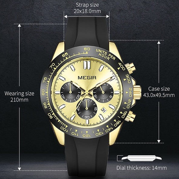 MEGIR Men's Speedster Chronograph Date 43mm Silicone Watch Gold