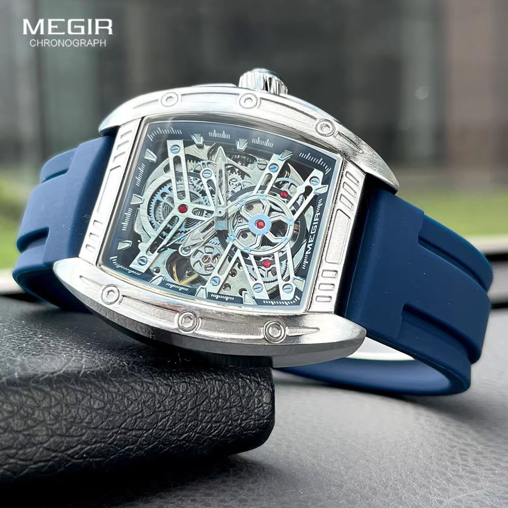 MEGIR Men's Aircraft Hollow Automatic Mechanical 44mm Silicone Strap Watch Blue