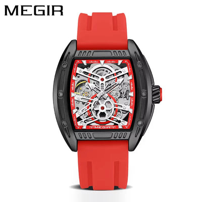 MEGIR Men's Aircraft Hollow Automatic Mechanical 44mm Silicone Strap Watch Red