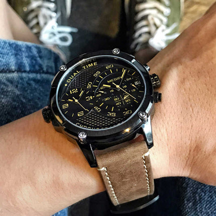 MEGIR Men's Giant Chronograph Dual Time 48mm Ionic Black / Brown Leather Watch