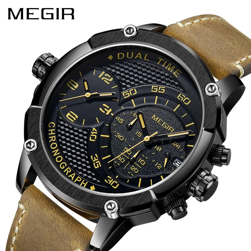 MEGIR Men's Giant Chronograph Dual Time 48mm Ionic Black / Brown Leather Watch