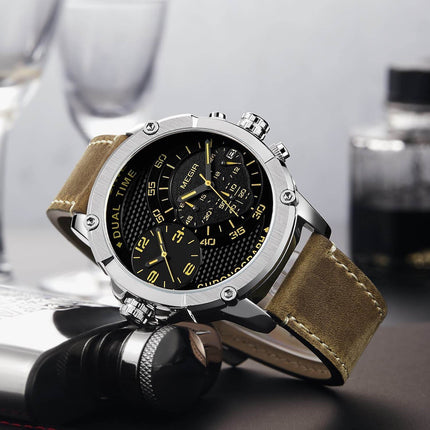 MEGIR Men's Giant Chronograph Dual Time 48mm Silver / Brown Leather Watch