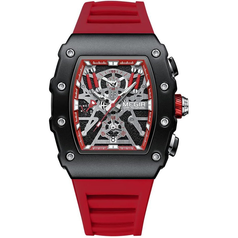 MEGIR Men's TONNEUX-X Chronograph Black / Red Watch