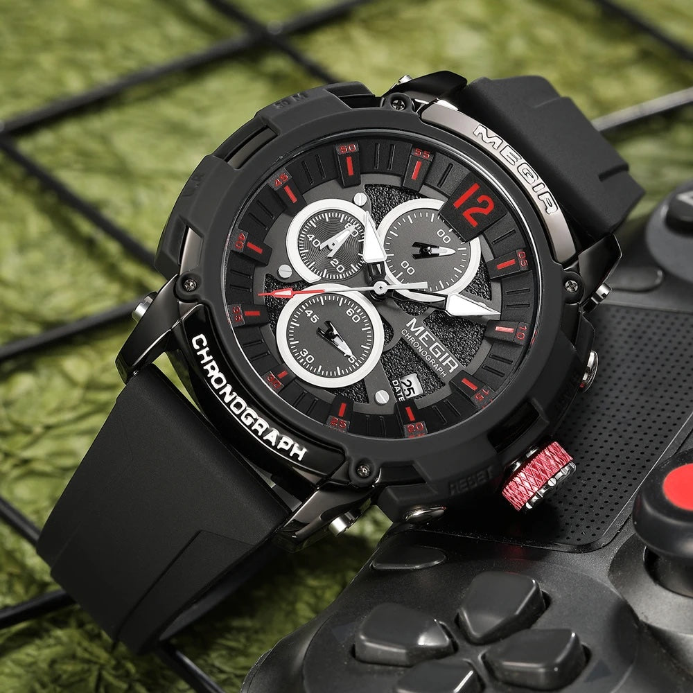 MEGIR Men's Military Sport Chronograph Black Watch