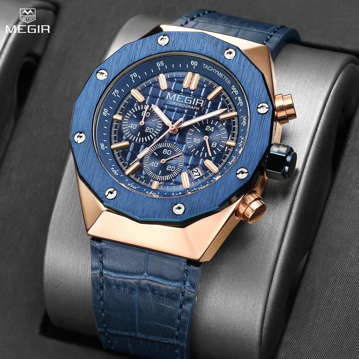 MEGIR Men's Royale Chronograph Rose Gold / Blue Leather Watch