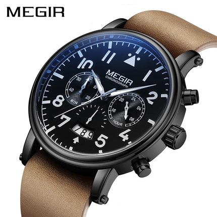 MEGIR Men's Big Pilot Chronograph Date 45mm Ionic Black / Brown Leather Watch