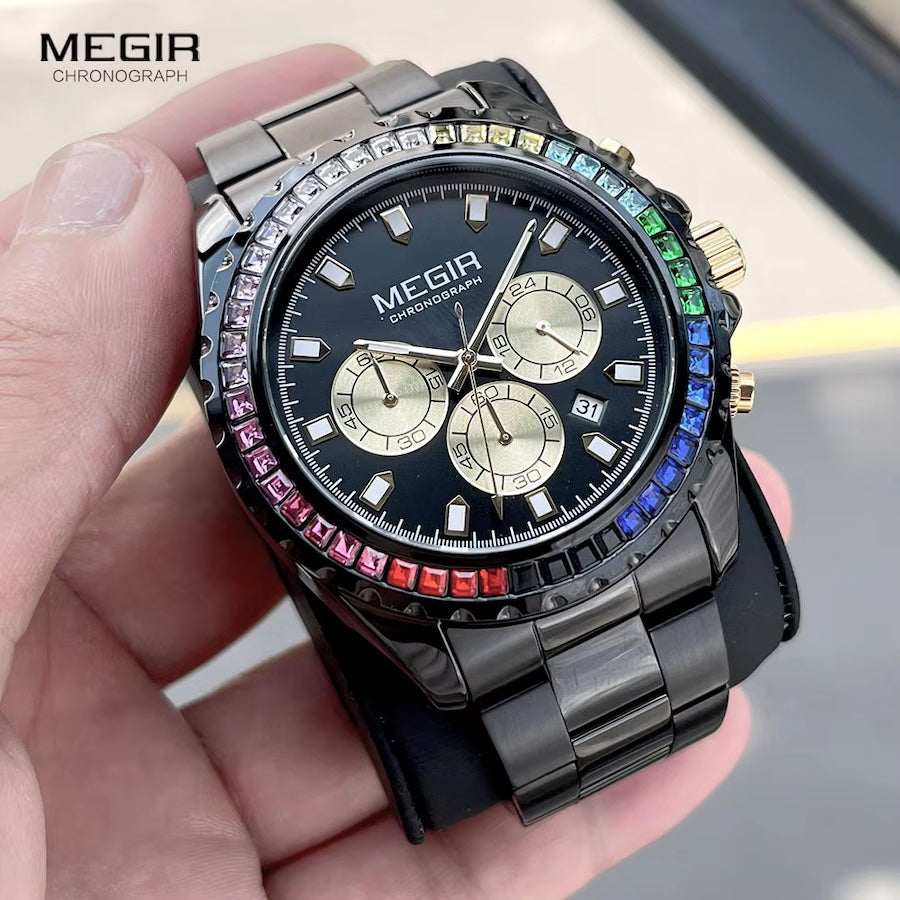 MEGIR Men's Candy Chronograph Date 46mm Stainless Steel Bracelet Watch Black Ionic