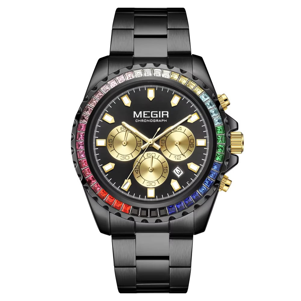 MEGIR Men's Candy Chronograph Date 46mm Stainless Steel Bracelet Watch Black Ionic