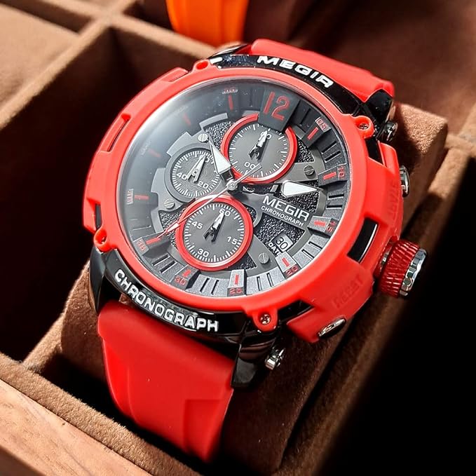 MEGIR Men's Military Sport Chronograph Red Watch