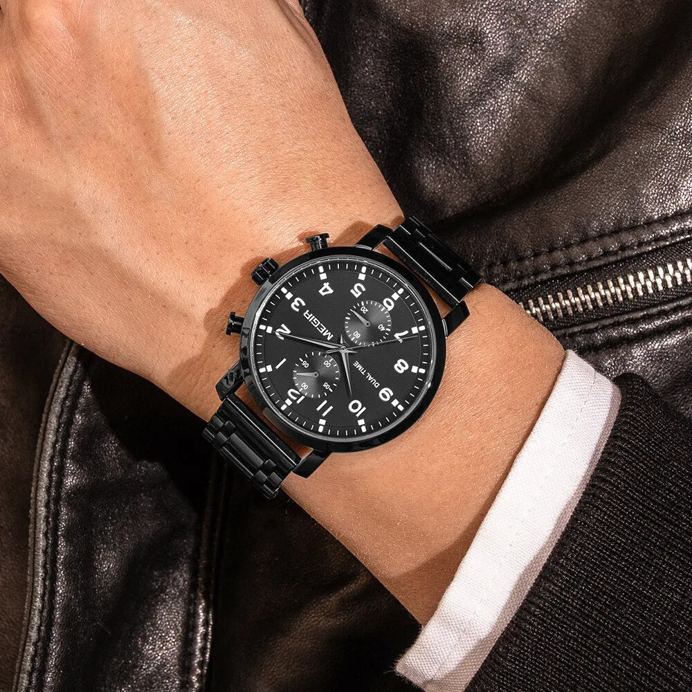 MEGIR Men's Dual Time Chronograph Date 42mm Ionic Black Stainless Steel Bracelet Watch