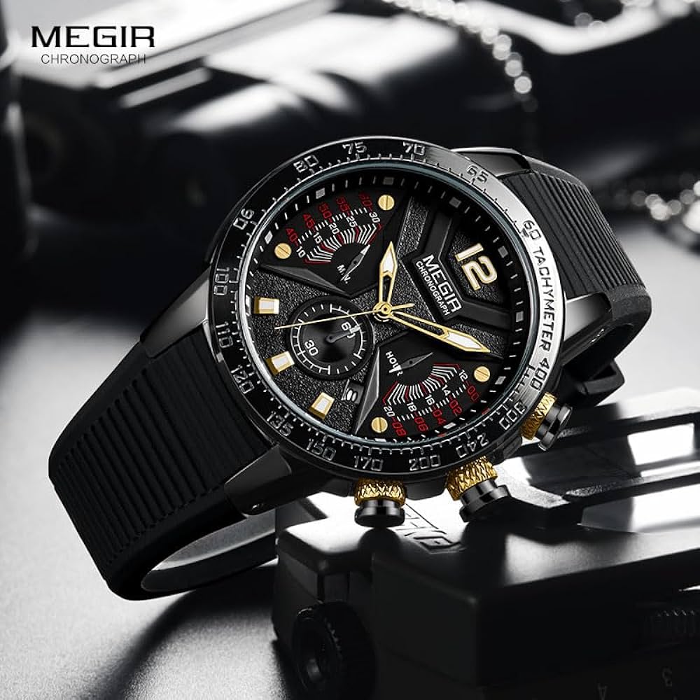 MEGIR Men's Racer I Chronograph Date 48mm Black / Gold Trim Silicone Strap Watch