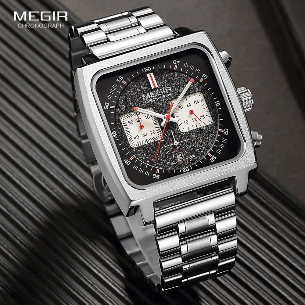 MEGIR Men's Gulf Monaco Homage Chronograph Silver / Black Steel Bracelet Watch