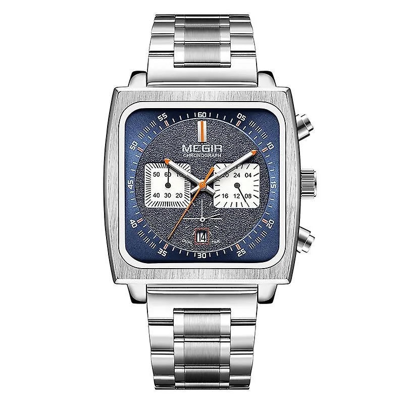 MEGIR Men's Gulf Monaco Homage Chronograph Silver / Blue Steel Bracelet Watch