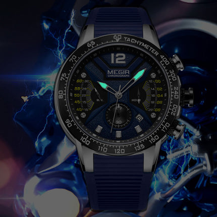 MEGIR Men's Racer I Chronograph Date 48mm Black / Gold Trim Silicone Strap Watch