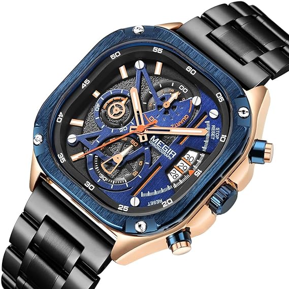 MEGIR Men's SQUARE-X Chronograph Rose Gold / Blue Watch