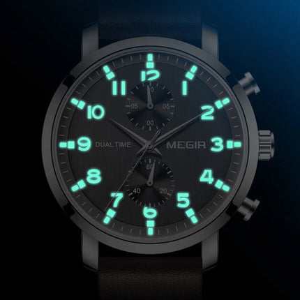 MEGIR Men's Dual Time Chronograph Date 42mm Ionic Black / Leather Watch
