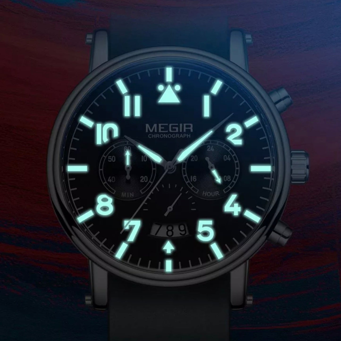 MEGIR Men's Big Pilot Chronograph Date 45mm Ionic Black / Brown Leather Watch