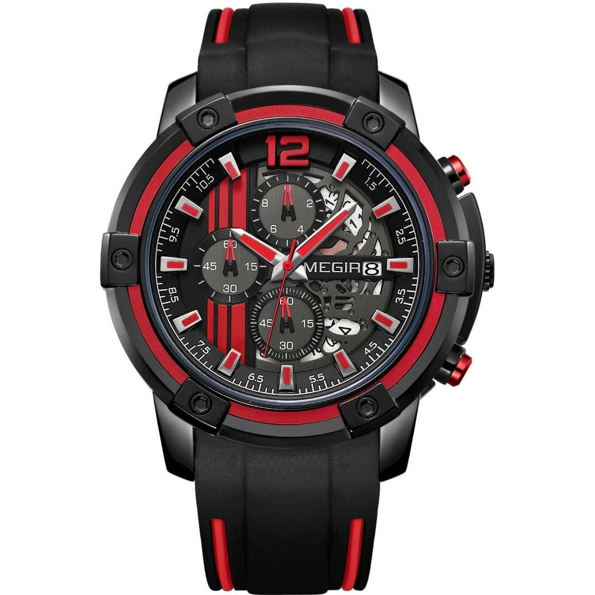 MEGIR Men's Moto Racer Chronograph Date 45mm Black / Red Silicone Strap Watch