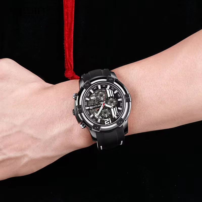 MEGIR Men's Moto Racer Chronograph Date 45mm Black / White Silicone Strap Watch