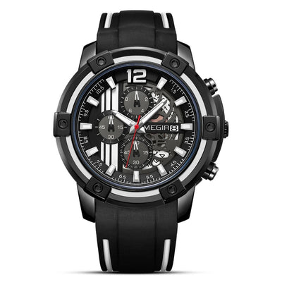 MEGIR Men's Moto Racer Chronograph Date 45mm Black / White Silicone Strap Watch