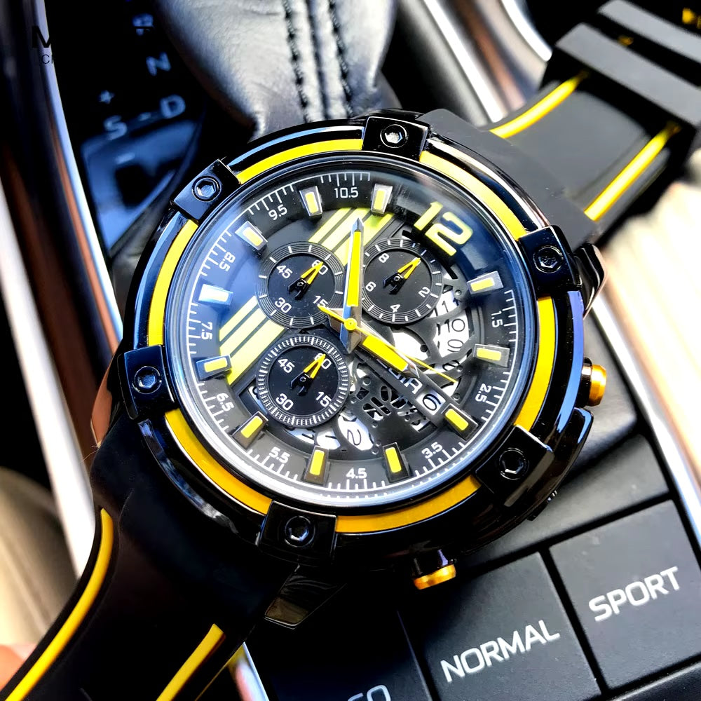 MEGIR Men's Moto Racer Chronograph Date 45mm Black / Yellow Silicone Strap Watch