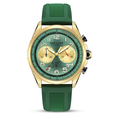 MEGIR Men's Pilot Q Chronograph Date 43mm Silicone Strap Watch Olive Green