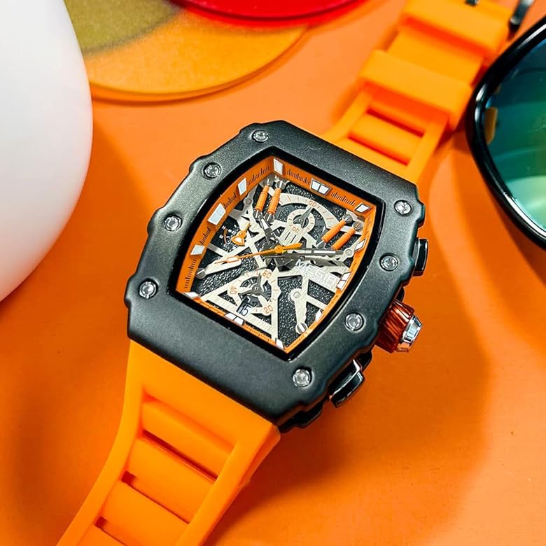 MEGIR Men's TONNEUX-X Chronograph Black / Orange Watch