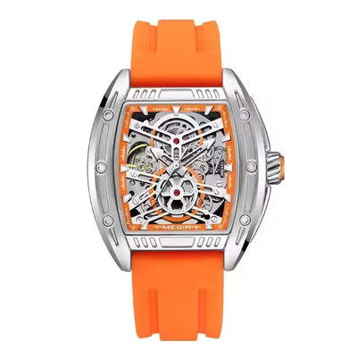 MEGIR Men's Aircraft Hollow Automatic Mechanical 44mm Silicone Strap Watch Orange