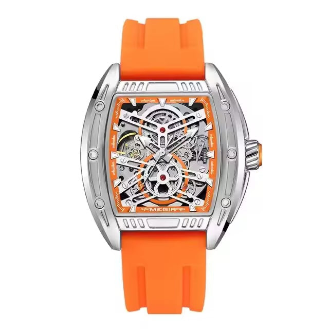 MEGIR Men's Aircraft Hollow Automatic Mechanical 44mm Silicone Strap Watch Orange