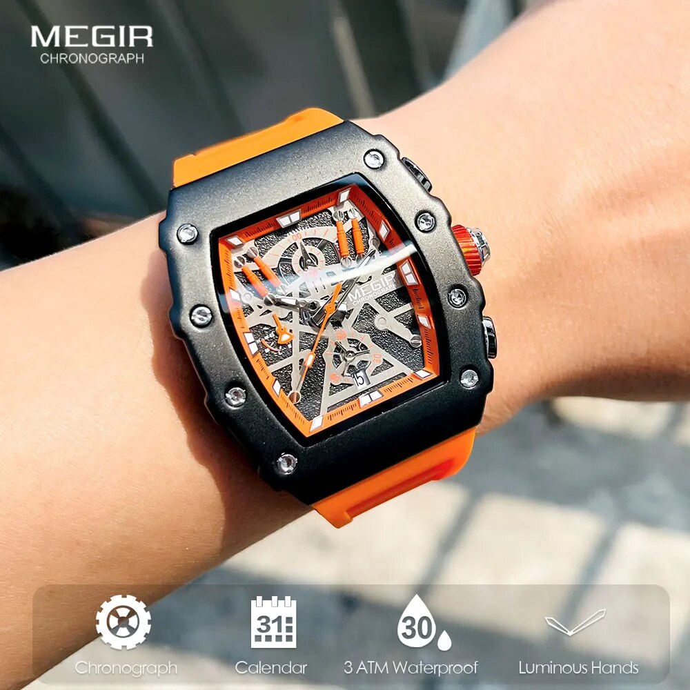 MEGIR Men's TONNEUX-X Chronograph Black / Orange Watch