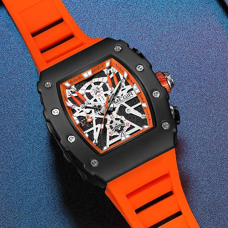 MEGIR Men's TONNEUX-X Chronograph Black / Orange Watch