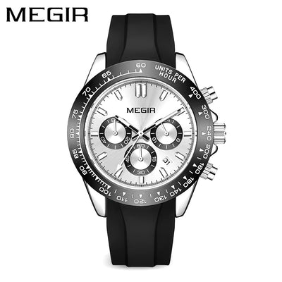 MEGIR Men's Speedster Chronograph Date 43mm Silicone Watch Silver / Silver