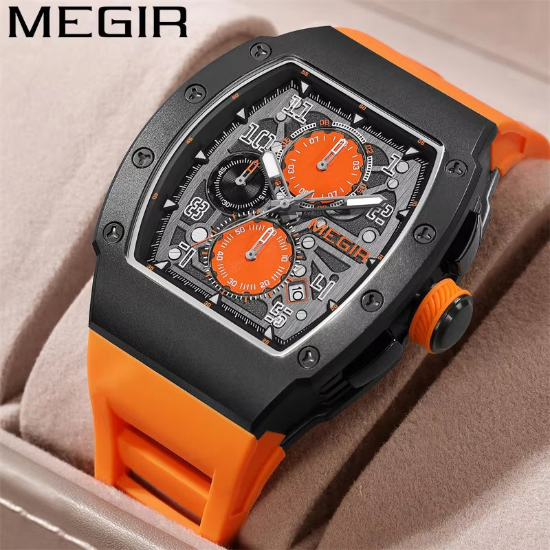 MEGIR Men's GP Racing Chronograph Date 43mm Silicone Strap Watch Orange