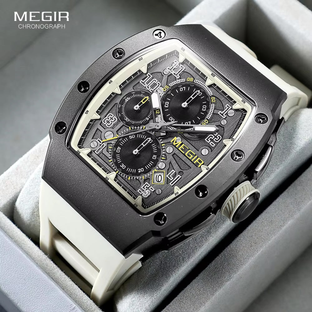 MEGIR Men's GP Racing Chronograph Date 43mm Silicone Strap Watch Cream