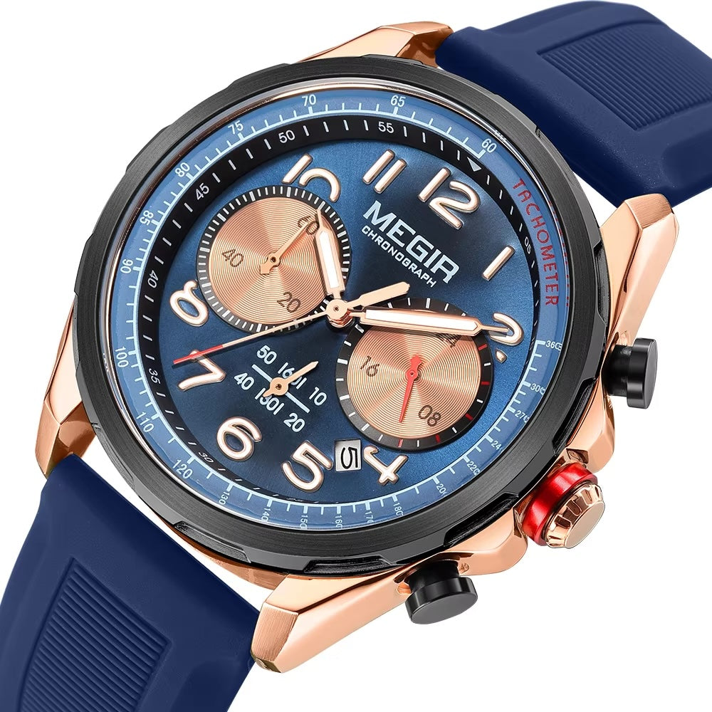 MEGIR Men's Pilot Q Chronograph Date 43mm Silicone Strap Watch Rose Blue